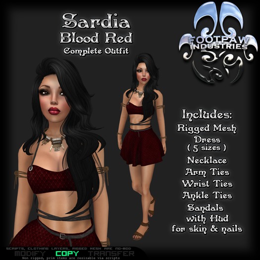 [FPI] Sardia BloodRed- Complete Outfit with Jewelry - Necklace, Arm, wrist, Ankle Ties & Sandals with hud 