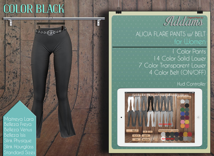 Addams "Alicia" Womens Mesh Pants -Maitreya,Belleza,Slink.Flare Pant- Black
