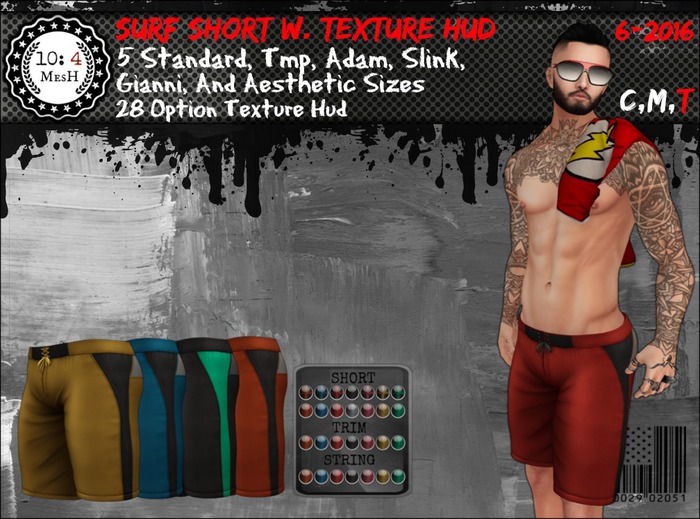 *10: 4 ~ MesH ~ Surf Shorts ~ With Texture Hud, TMP, Slink, Adam, Gianni, Aesthetic