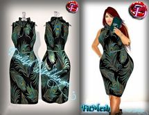 Chic Sleeveless Cowl Neck Dress Peacock Feathers FITMESH 5 Sizes