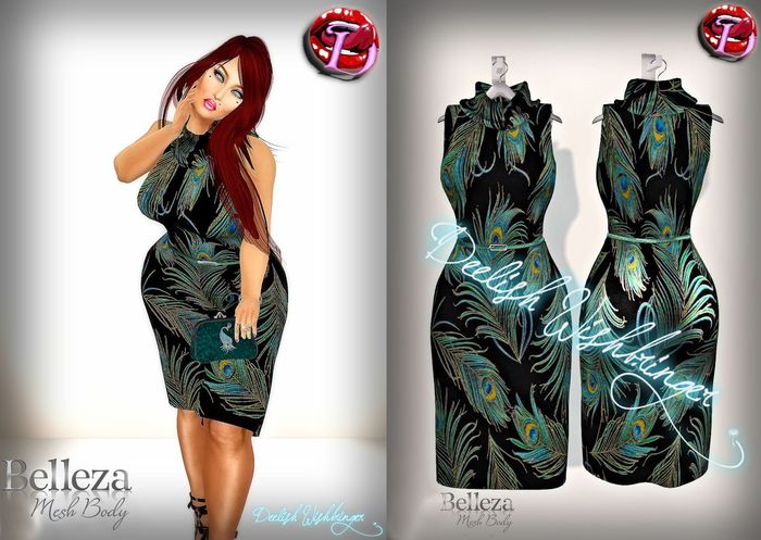 Chic Sleeveless Cowl Neck Dress Peacock Feathers BELLEZA ONLY