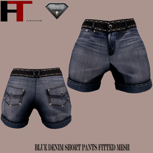 (H-T)BLUE DENIM SHORT PANTS FITTED MESH AESTHETIC BAG