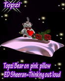 Topzi Bear on pink pillow with song thinking out loud