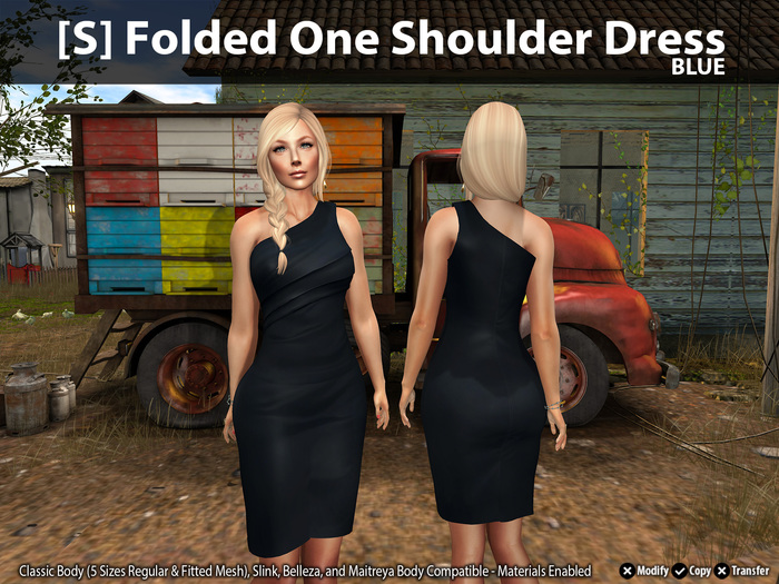 [S] Folded One Shoulder Dress Blue
