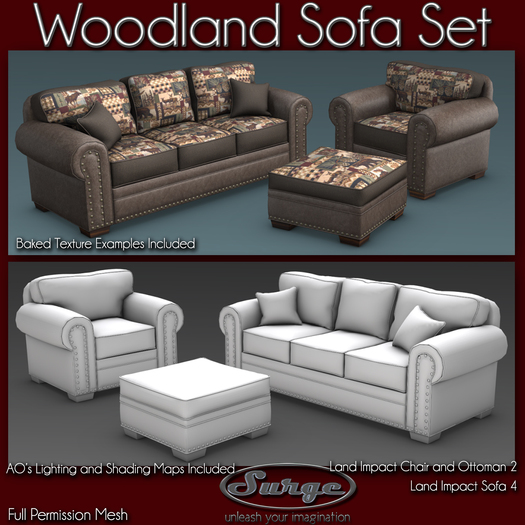 Woodland Sofa Set - Full Permission Mesh - Low Impact