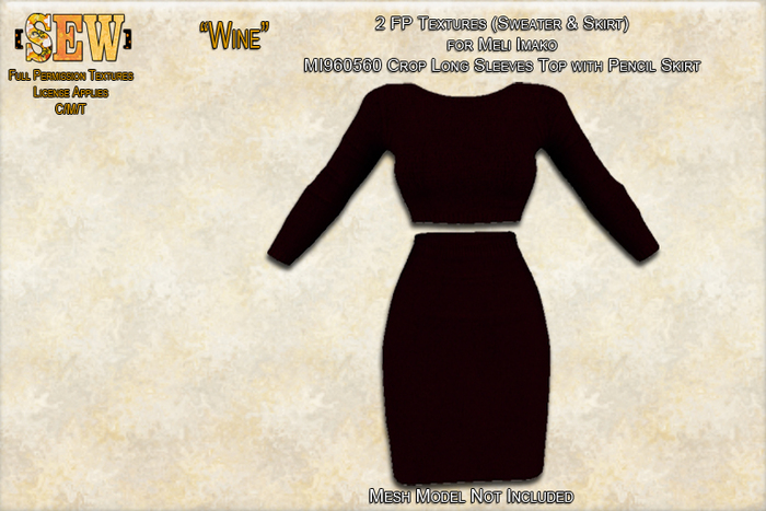 [SEW] FP tex MI960560 Crop LS Top w Pencil Skirt  Wine
