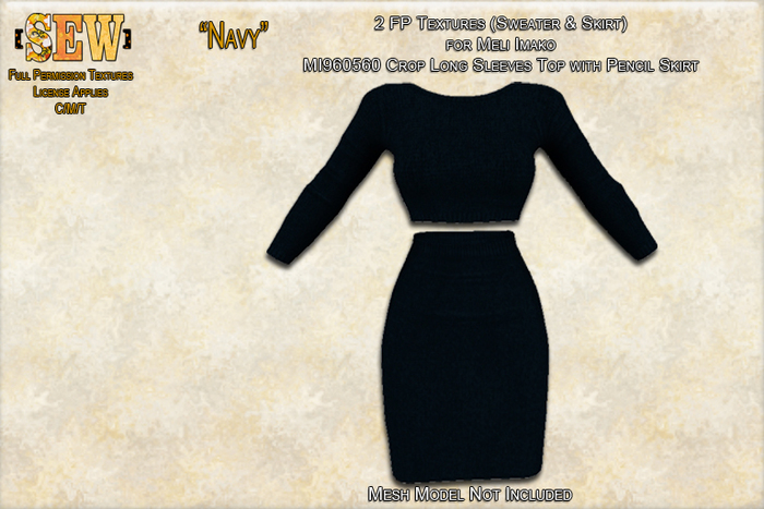 [SEW] FP tex MI960560 Crop LS Top w Pencil Skirt  Navy