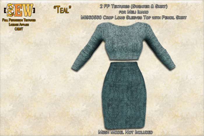 [SEW] FP tex MI960560 Crop LS Top w Pencil Skirt  Teal