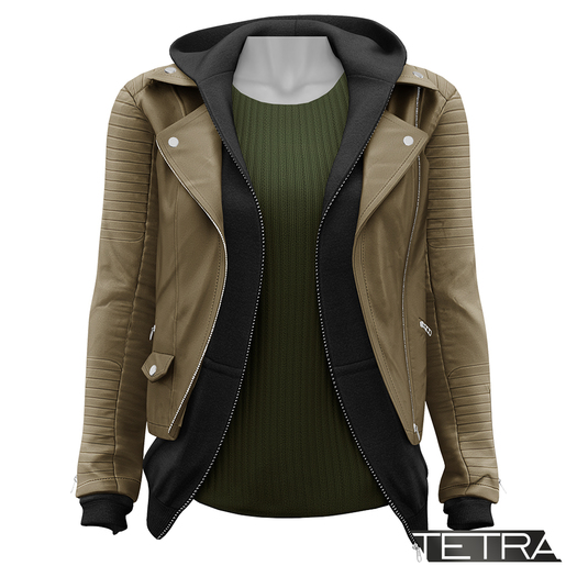 TETRA - Leather Jacket with Hoodie (Khaki)