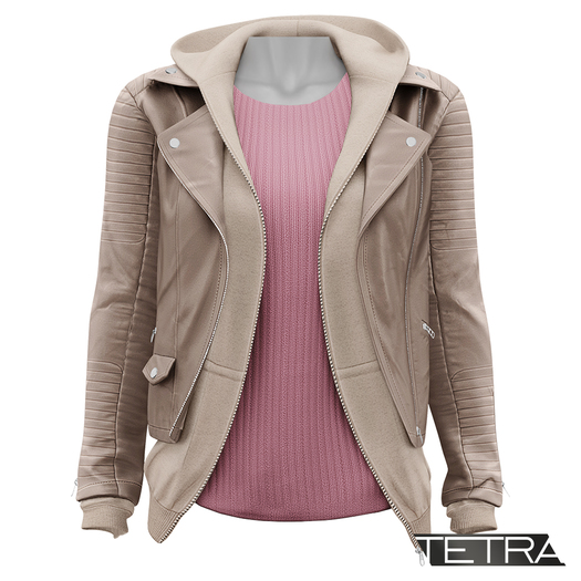 TETRA - Leather Jacket with Hoodie (Taupe)