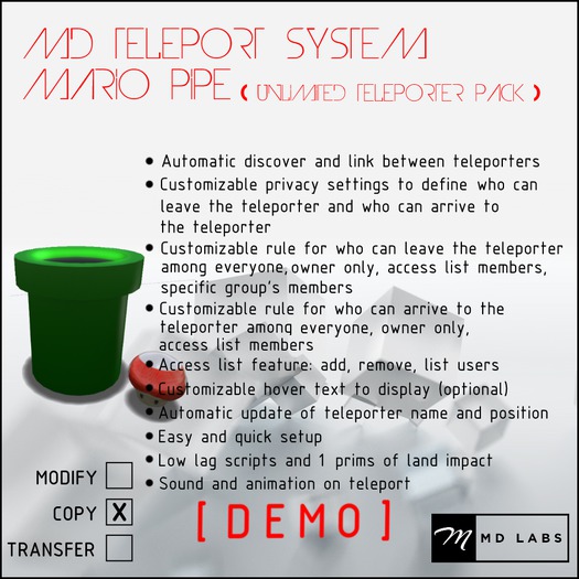 MD Teleport System - Mario Pipe DEMO