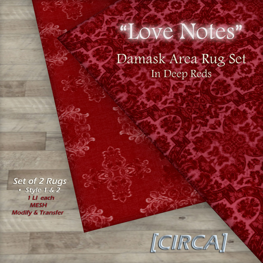 [CIRCA] - "Love Notes" - Damask Area Rug - In Deep Reds