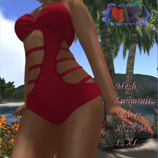 Red Strapless Swimsuit With Lattice Detail Mesh