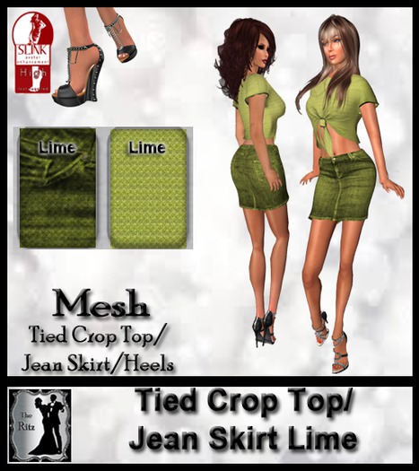 Tied Crop Top_Jean Skirt Lime