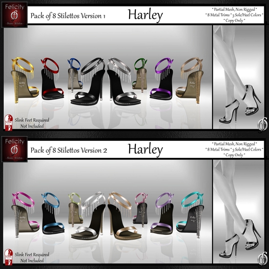 *Felicity* Harley Stilettos Sandals - Mega Pack 16 Shoes (8 Metal Trim, 3 Sole/Heel Colors) for Slink High Feet