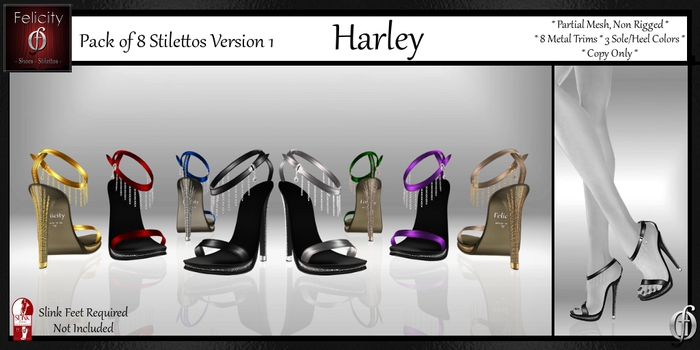 *Felicity* Harley Stilettos Sandals Pack 1 - 8 Shoes (8 Metal Trim, 3 Sole/Heel Colors) for Slink High Feet
