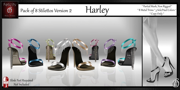*Felicity* Harley Stilettos Sandals Pack 2 - 8 Shoes (8 Metal Trim, 3 Sole/Heel Colors) for Slink High Feet