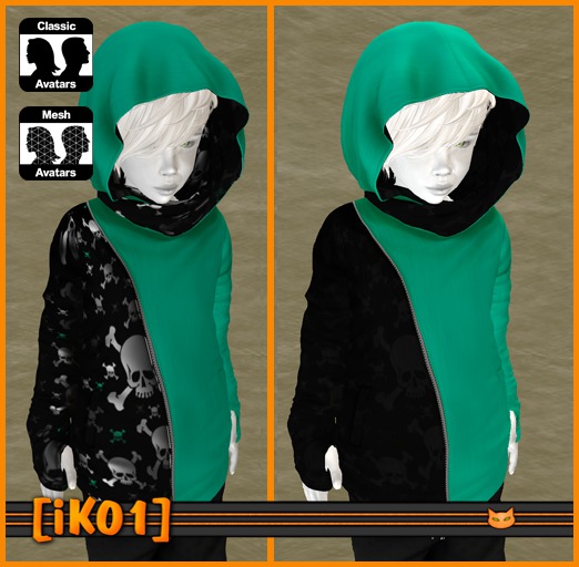 [iK01] Gloved Hoodie - Skulls - Kids/CYAN - (Click to unpack)