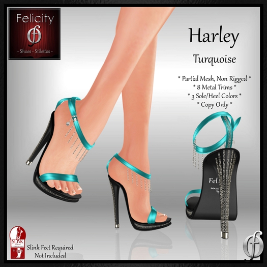 *Felicity* Harley Stilettos Sandals - Turquoise High Heel Shoes 8 Metal Trim, 3 Sole/Heel Colors for Slink High