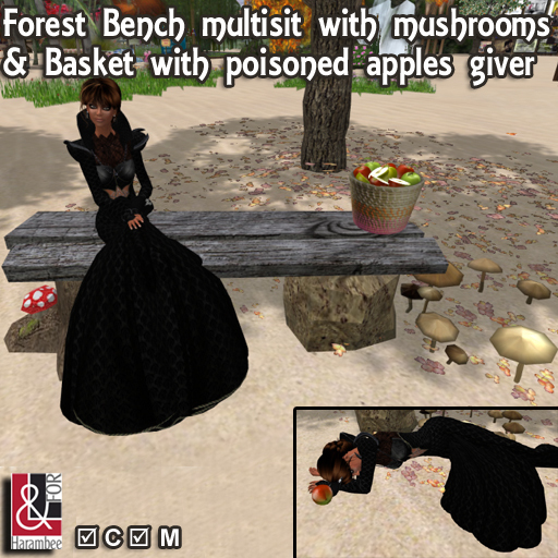 Forest Bench with mushroom & Basket of poisoned apples