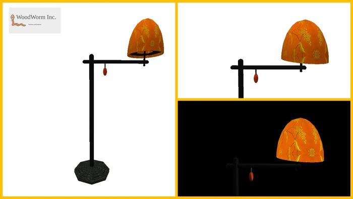 A floor lamp with an orange lampshade
