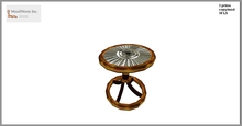A small table with a round metallic plate. Perfect for using as an endtable for your living and dining room
