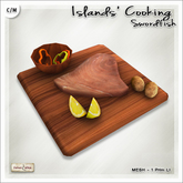 [V/W] Islands Cooking: Swordfish - Food Mesh 1 LI Raw fish steak on chopping board, with vegetables 