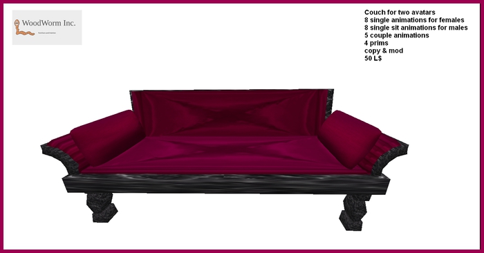 Marble Couch with a dark pink fabric cover and two pillows