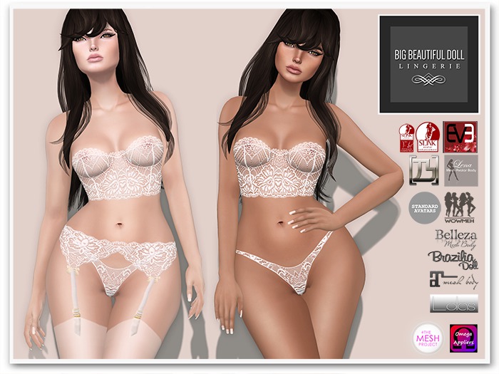 Second Life Marketplace - BigBeautifulDoll - MEREDITH BOM Lingerie - White Maitreya TMP Belleza Slink Physique Hourglass OMEGA Appliers Second Life Marketplace - BigBeautifulDoll - MEREDITH BOM Lingerie - White Maitreya TMP Belleza Slink Physique Hourglass OMEGA Appliers