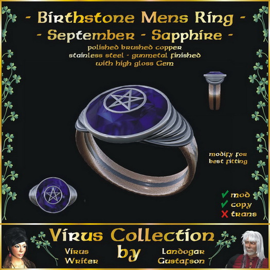 << VC >> Birthstone Mens Ring - 09 - September - Sapphire