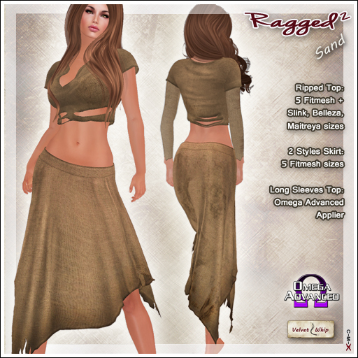 [V/W] Ragged II Sand - Poor girl fantasy outfit w/ ripped top & skirt. Fitted mesh + Omega appliers