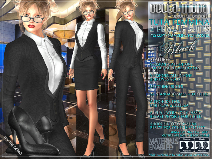 Bella Moda: Tuta Femmina Black Female Suits - 2 Versions Included + Shoes / 5 Standard Sizes + Fitted - FULL