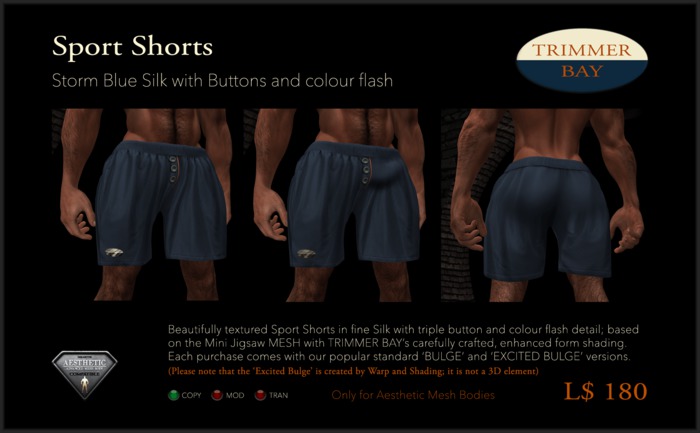 Sport Shorts in Storm Blue Silk with Brass Buttons and Orange flash detail