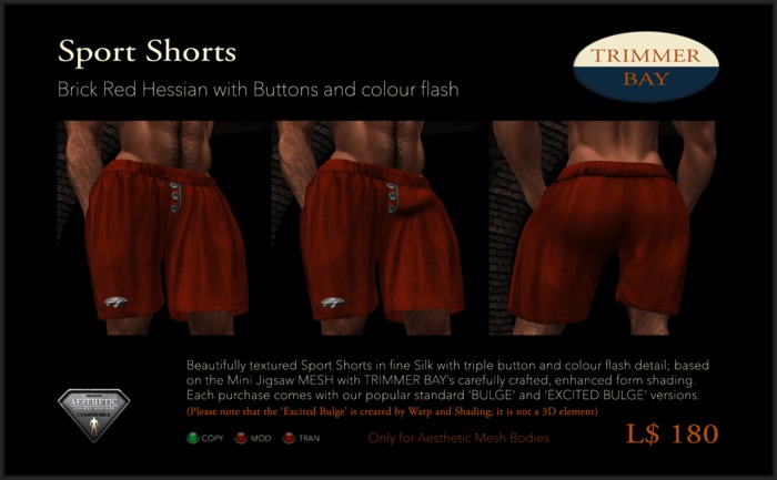 Sport Shorts in Brick Red Hessian with Brass Buttons and Aqua flash detail