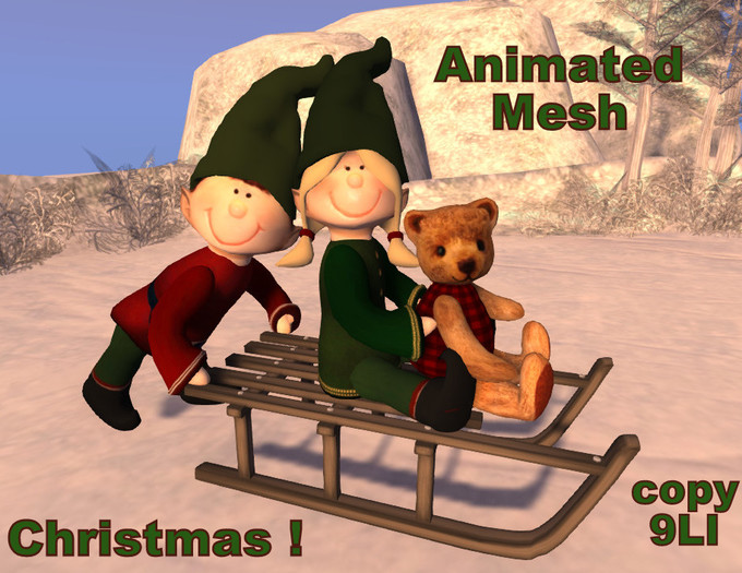 Animated Elf Girl Pushes Teddy Bear on Sled on Ice
