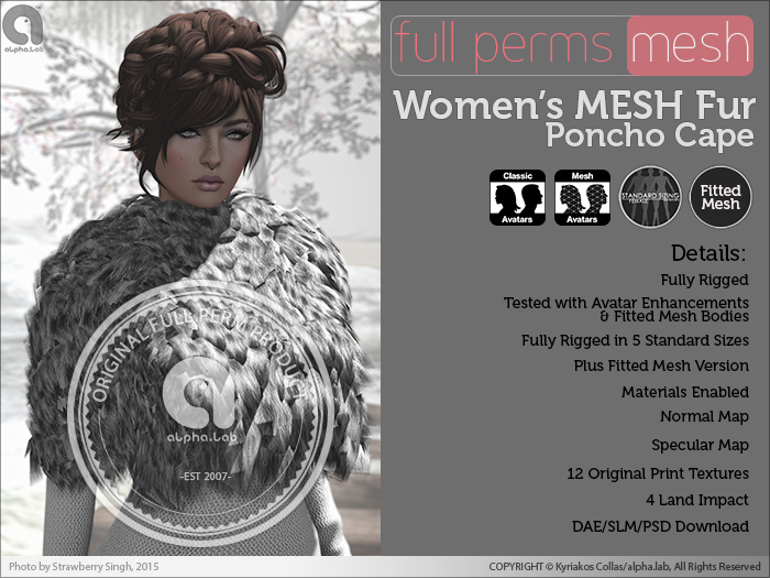 *SPECIAL SALE* Full Perm Rigged MESH Womens Fur Poncho Cape (FitMesh+5 SS Mesh+DAE+PSD)