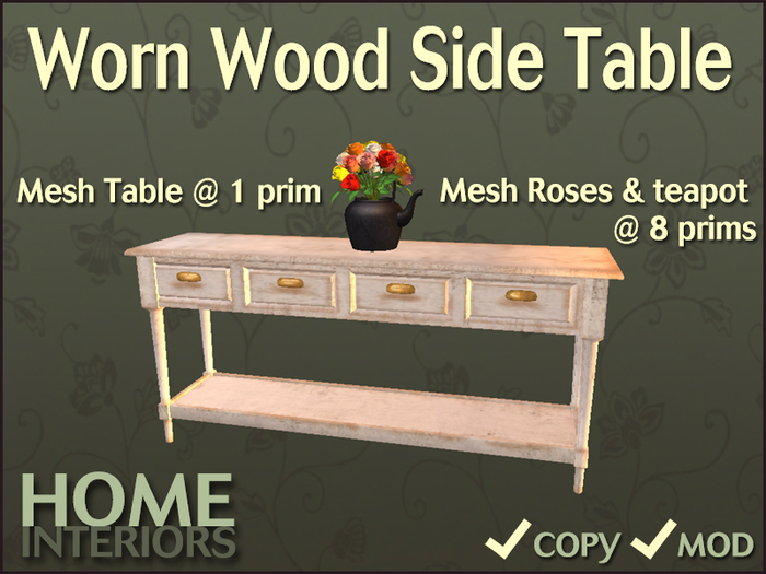 Home Interiors: Worn Wood Side Table with Roses