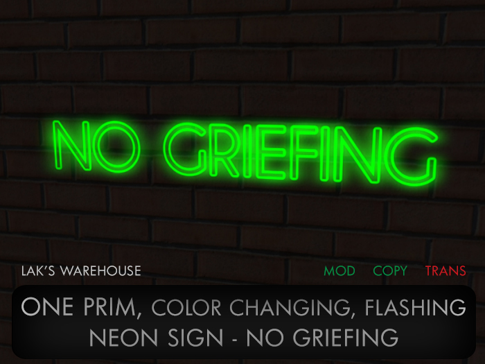 ONE PRIM Color Changing No Griefing Neon Sign