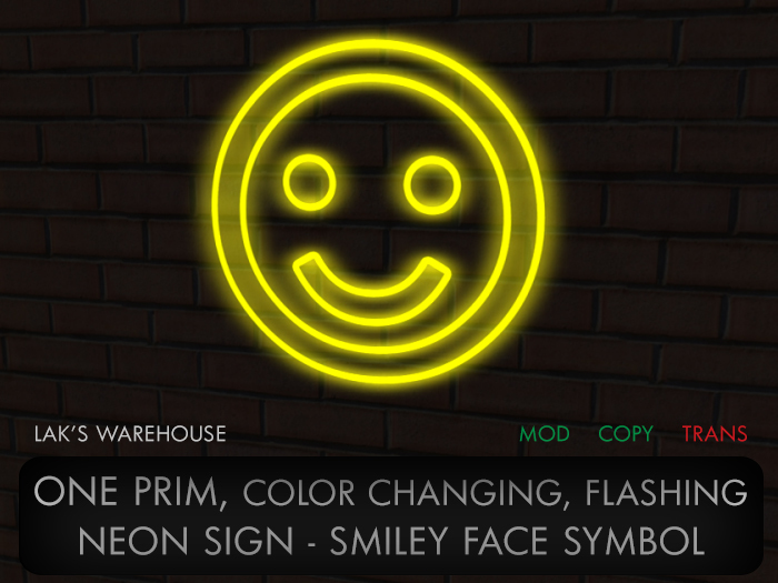 ONE PRIM Color Changing Smiley Face Neon Sign
