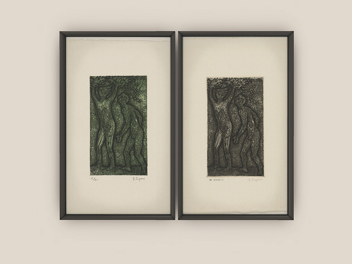 Dutchie mesh paintings 'Man and woman in green and in grey' by the Japanese artist Yo Sugano