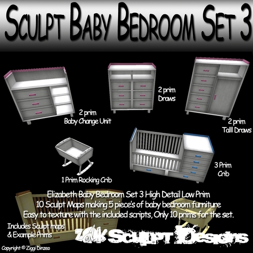 Z@KSculpted Baby Nursery Bedroom Set Three  - 5 Sculpted Furniture - Full Perm