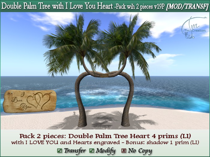 Palm Tree Tropical Heart I LOVE YOU Double. Pack 2 pcs M/T v19P