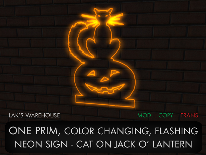 ONE PRIM Color Changing Cat On Jack o' Lantern Neon Sign