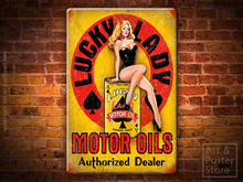 LUCKY LADY MOTOR OIL Sexy Garage Themed Poster | Rusty Metal Style Wall Sign 