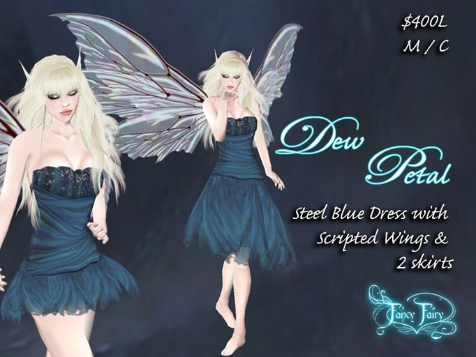 Fancy Fairy Dew Petal Dress in Steely Blue with Scripted wings! M/C