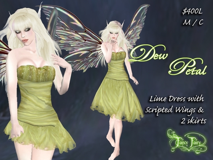 Fancy Fairy Dew Petal Dress in Lime with Scripted wings! M/C