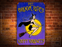 FREE BROOM RIDES Halloween Themed Pin-Up Poster | Rusty Metal Style Wall Sign 