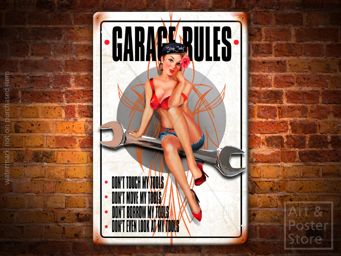 GARAGE RULES Risqué Garage Pinup Poster | Rusty Metal Style Wall Sign 