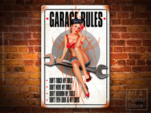 GARAGE RULES Risqué Garage Pinup Poster | Rusty Metal Style Wall Sign