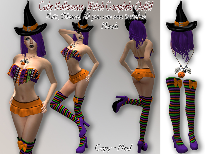 Cute Witch Sexy Complete Outfit - Mesh - Hair and Shoes Included !! * SPECIAL PRICE Halloween Promo * - Dedalo -